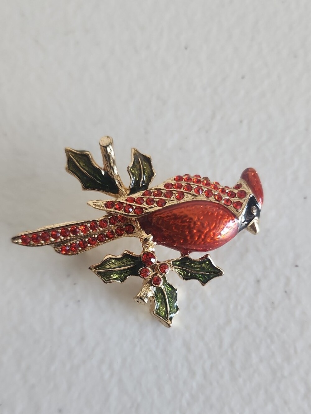 Festive Red Cardinal Brooch with Green Holly Accents